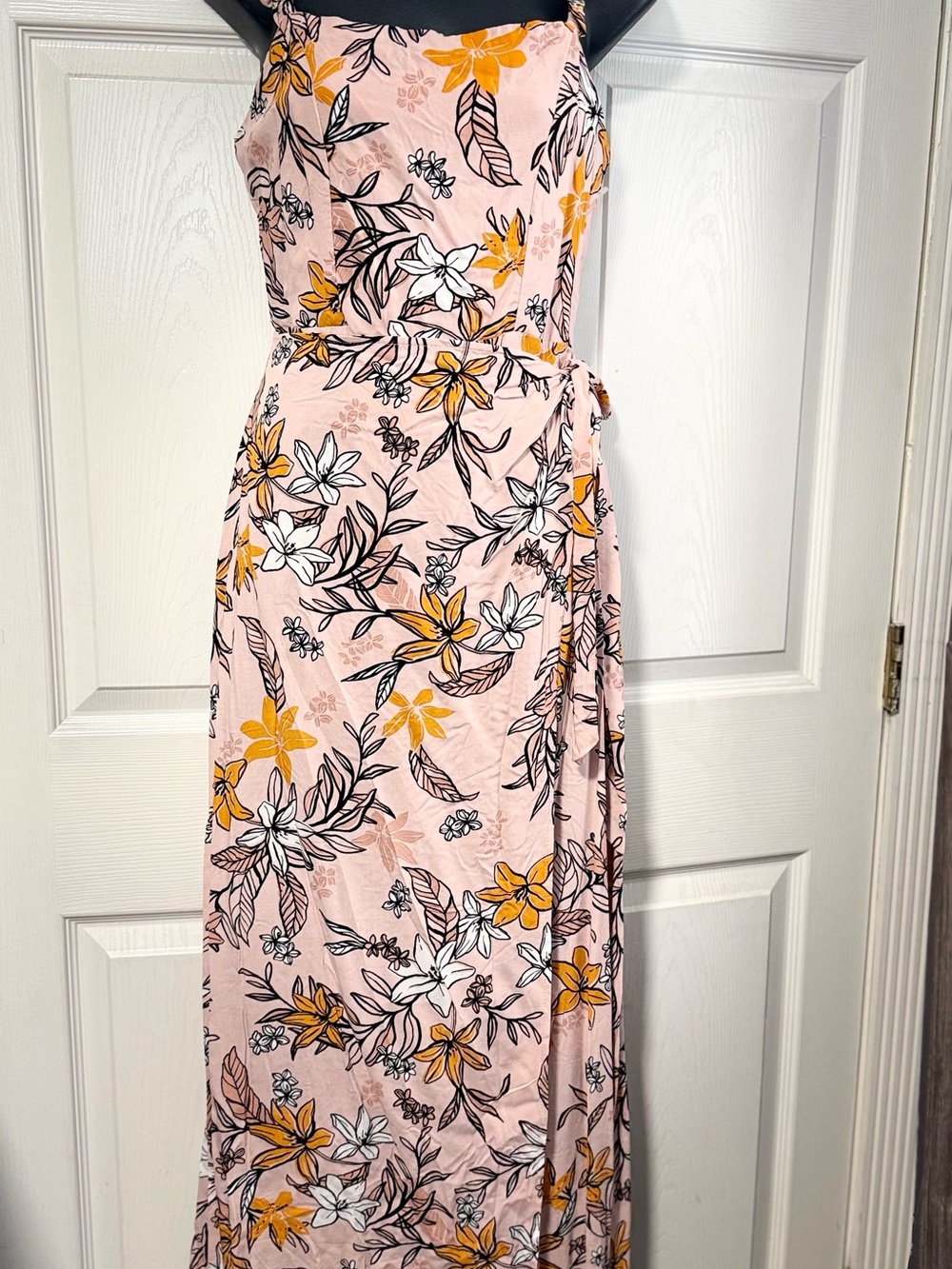 Blush Pink Floral Maxi Dress Ruffle Straps Side Cutout Wrap Tie Waist